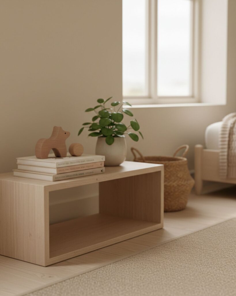 A calm bedroom reading space with children’s books, soft light, and cozy textures