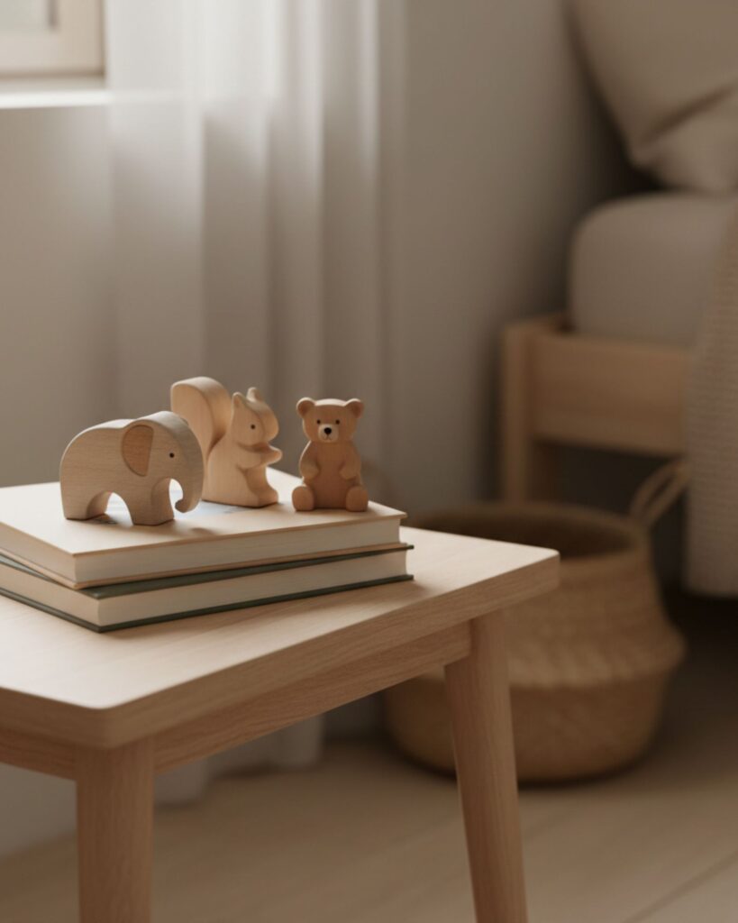 A calm children’s bedroom scene with picture books and wooden animal toys creating a safe reading environment.