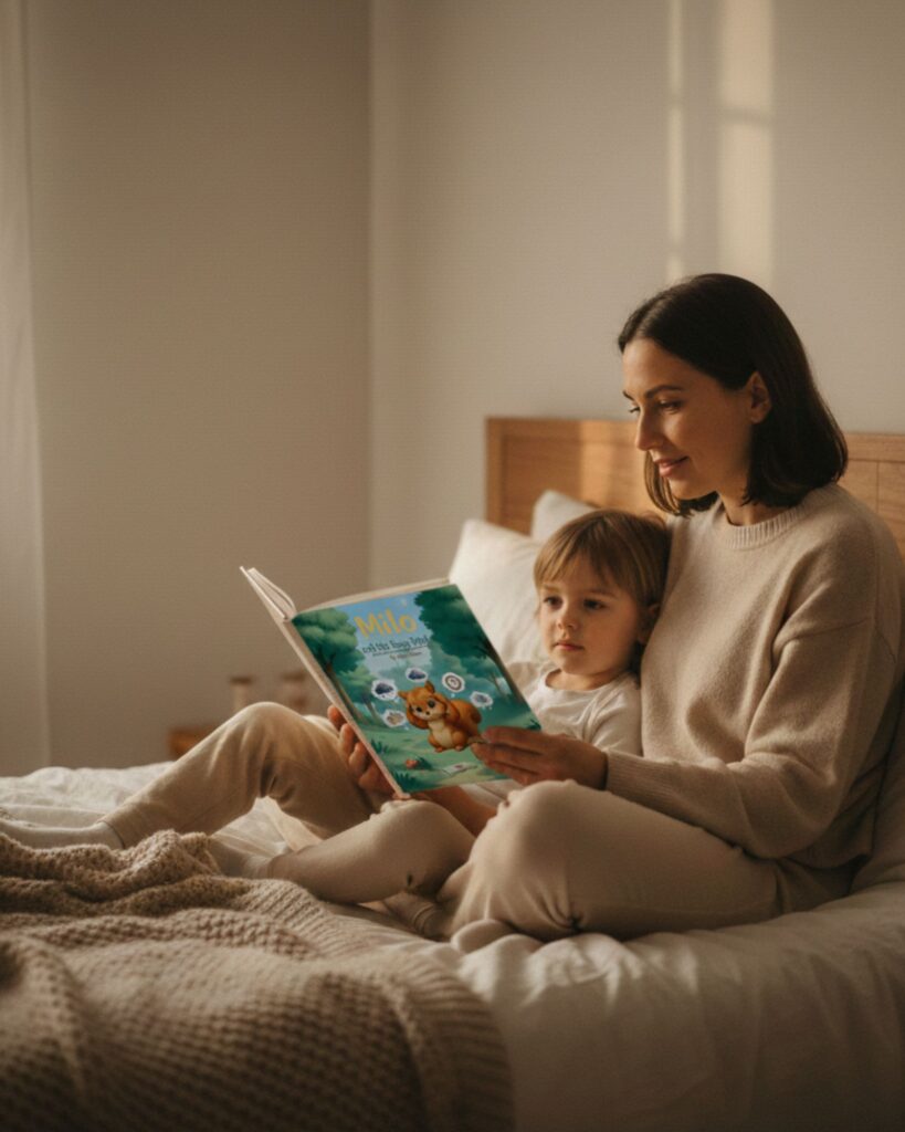 Mother reading “Milo and the Busy Mind” to her child at bedtime