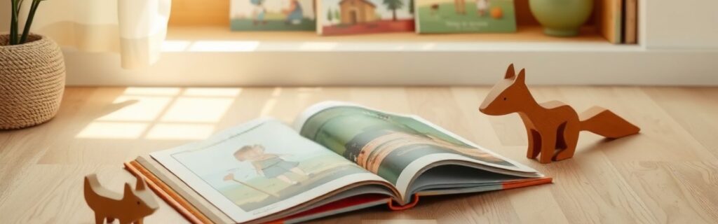 Gentle children’s reading space with an open picture book and wooden animal toys, inspired by Milo’s Big Feelings